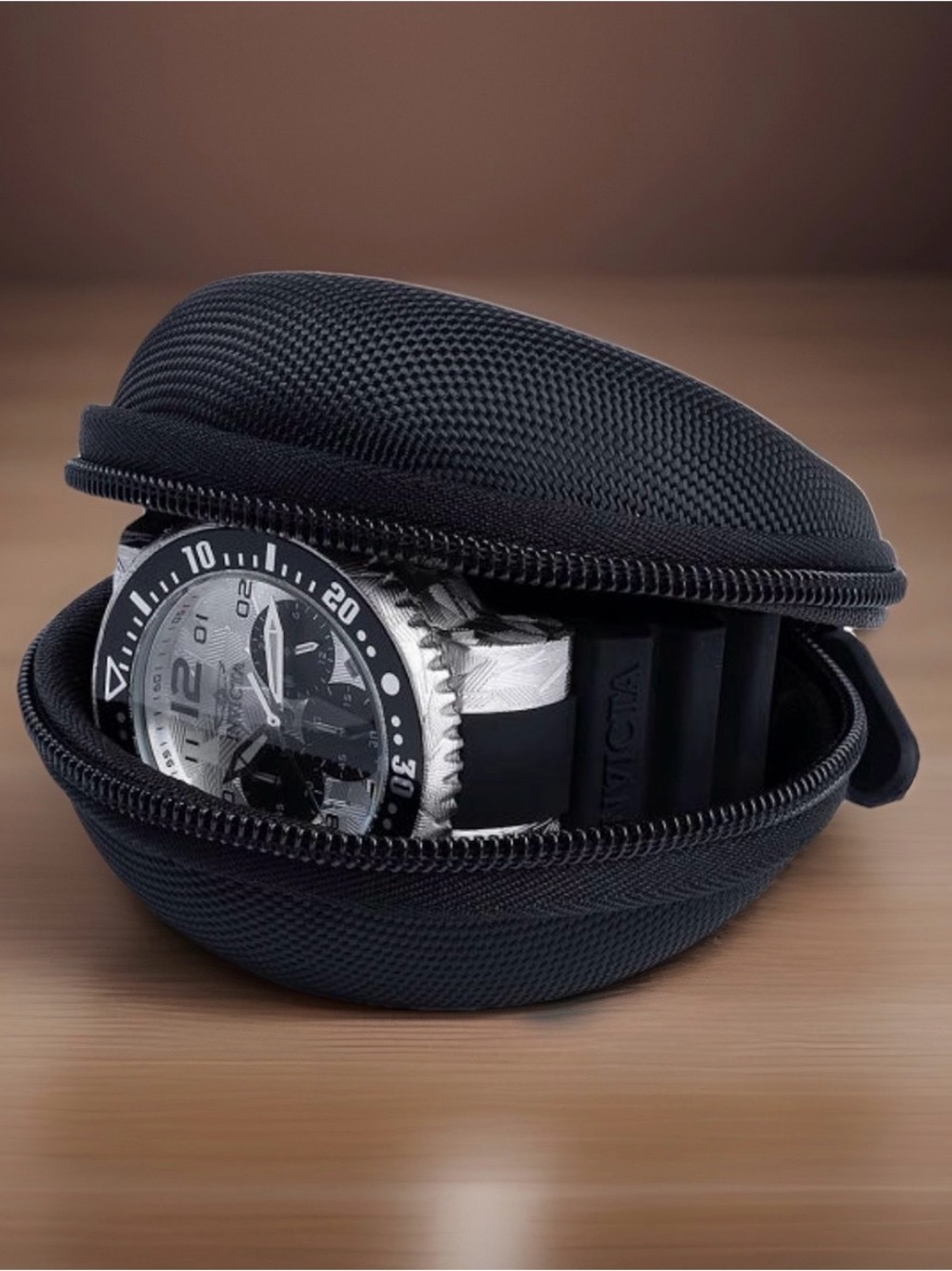 Invicta Black Zippered Travel Watch Pouch Case, Impact-Resistant Ballistic Nylon
